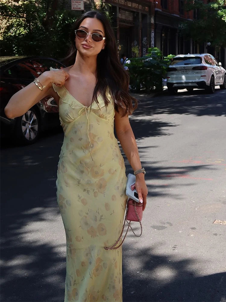 Women’s Floral Plunge Maxi Dress – Backless Summer Beachwear