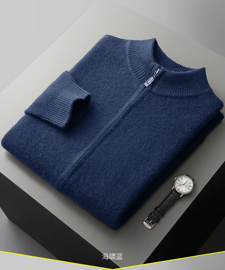 Men’s Merino Wool Sweater – Thick Zippered Mock Collar Cardigan