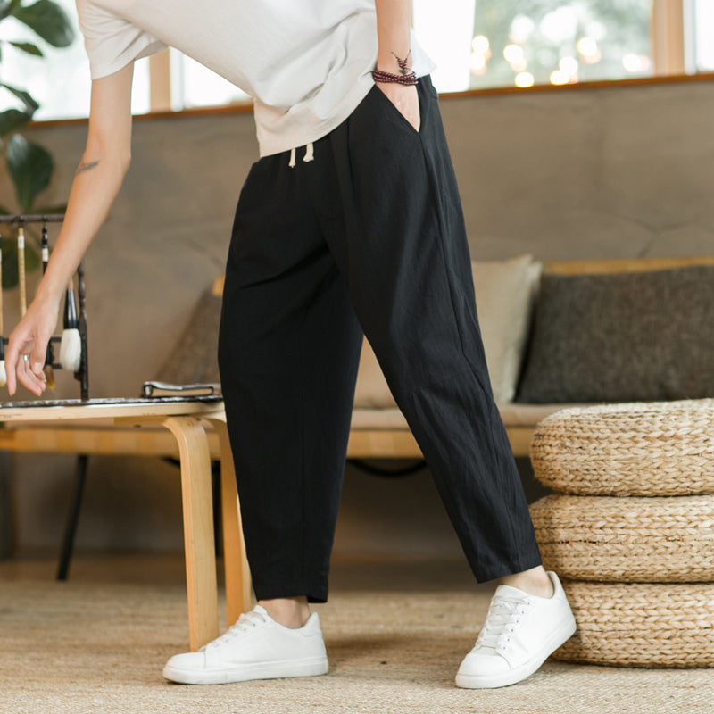 Men’s Cotton Linen Casual Pants, Breathable Straight-Leg Drawstring Trousers