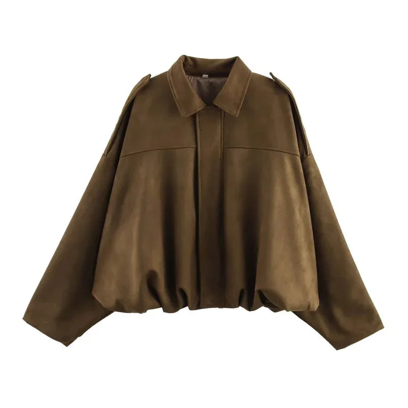 Women’s Suede Bomber Jacket – Loose Fit Lapel Spring 2025