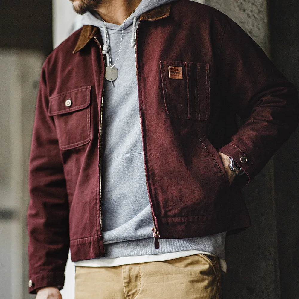 Men’s Retro Canvas Jacket – Heavyweight Detroit Zip-Up with Corduroy Collar