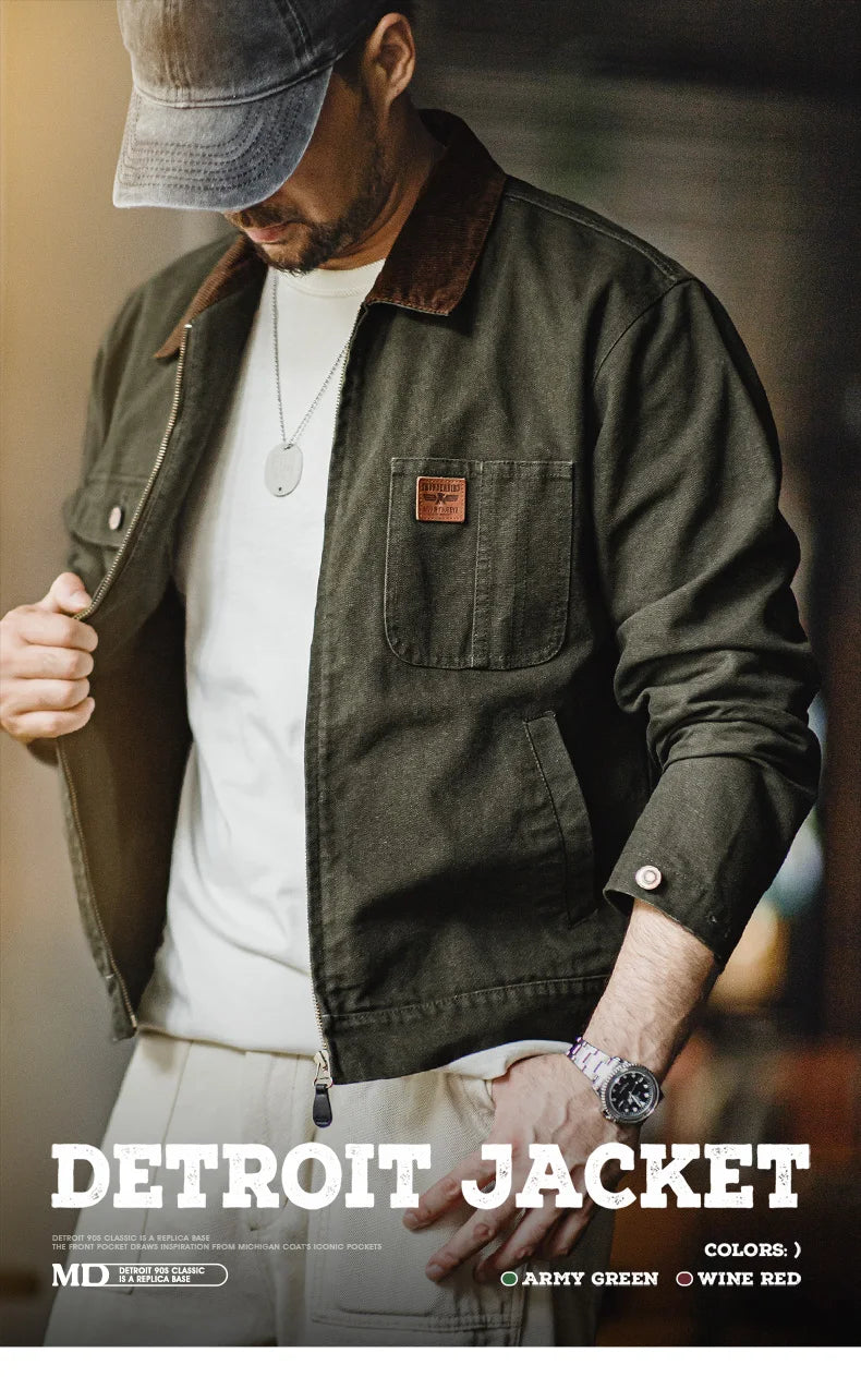 Men’s Retro Canvas Jacket – Heavyweight Detroit Zip-Up with Corduroy Collar