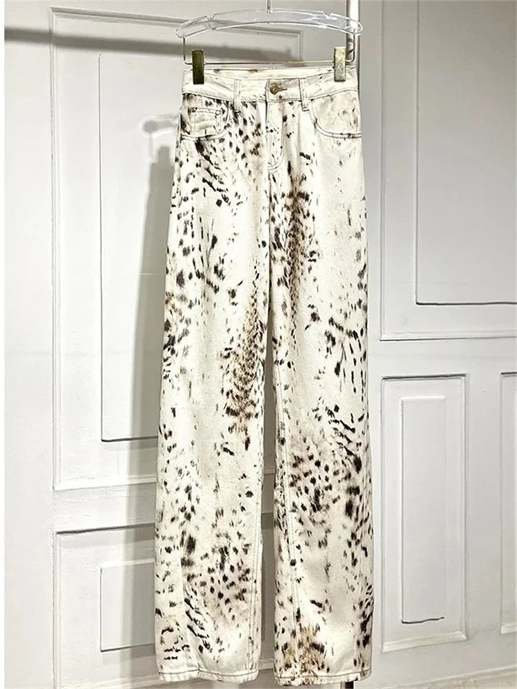 Women’s Leopard Print Jeans – High Waisted Wide Leg Denim