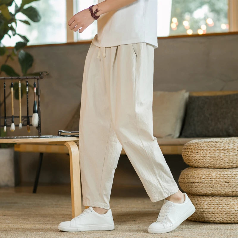 Men’s Cotton Linen Casual Pants, Breathable Straight-Leg Drawstring Trousers
