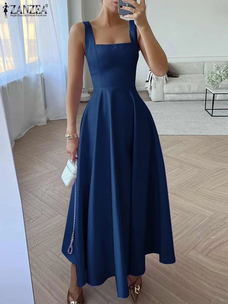 Women’s Satin Maxi Sundress – Square Neck Summer Party Dress