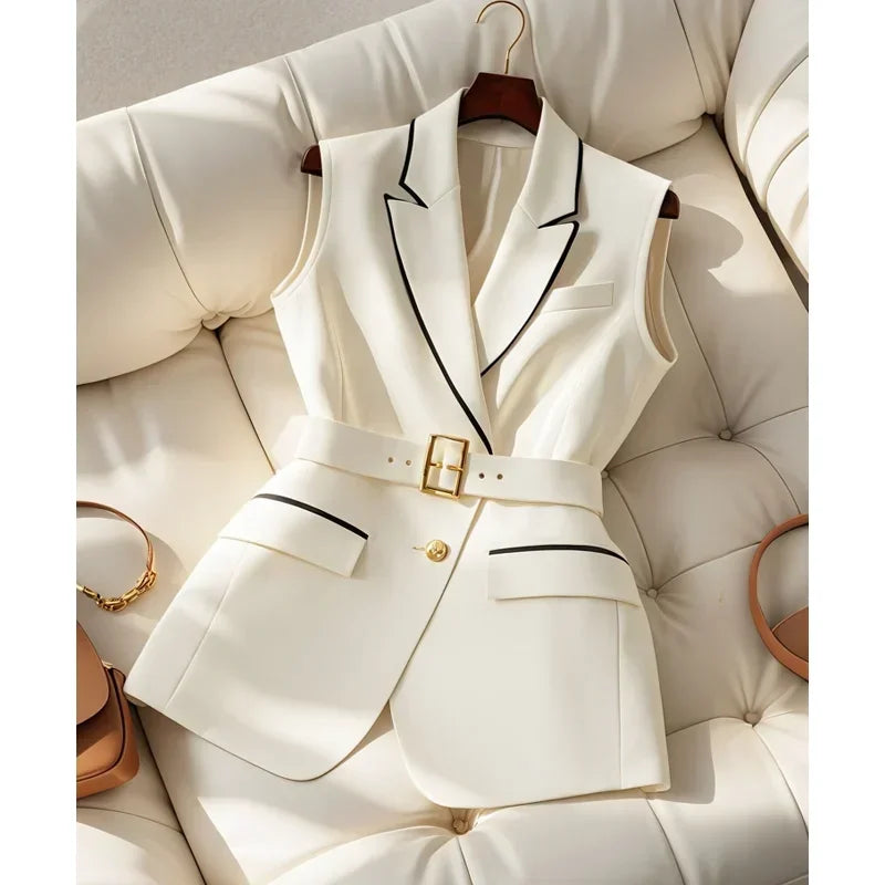Women’s White Suit Vest – Elegant Slim Sleeveless Office Top