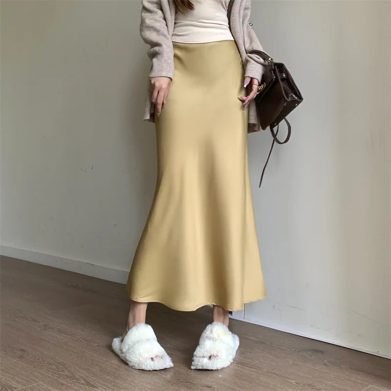 Women’s Black Satin Midi Skirt, High Waist Elegant Summer Office Wear