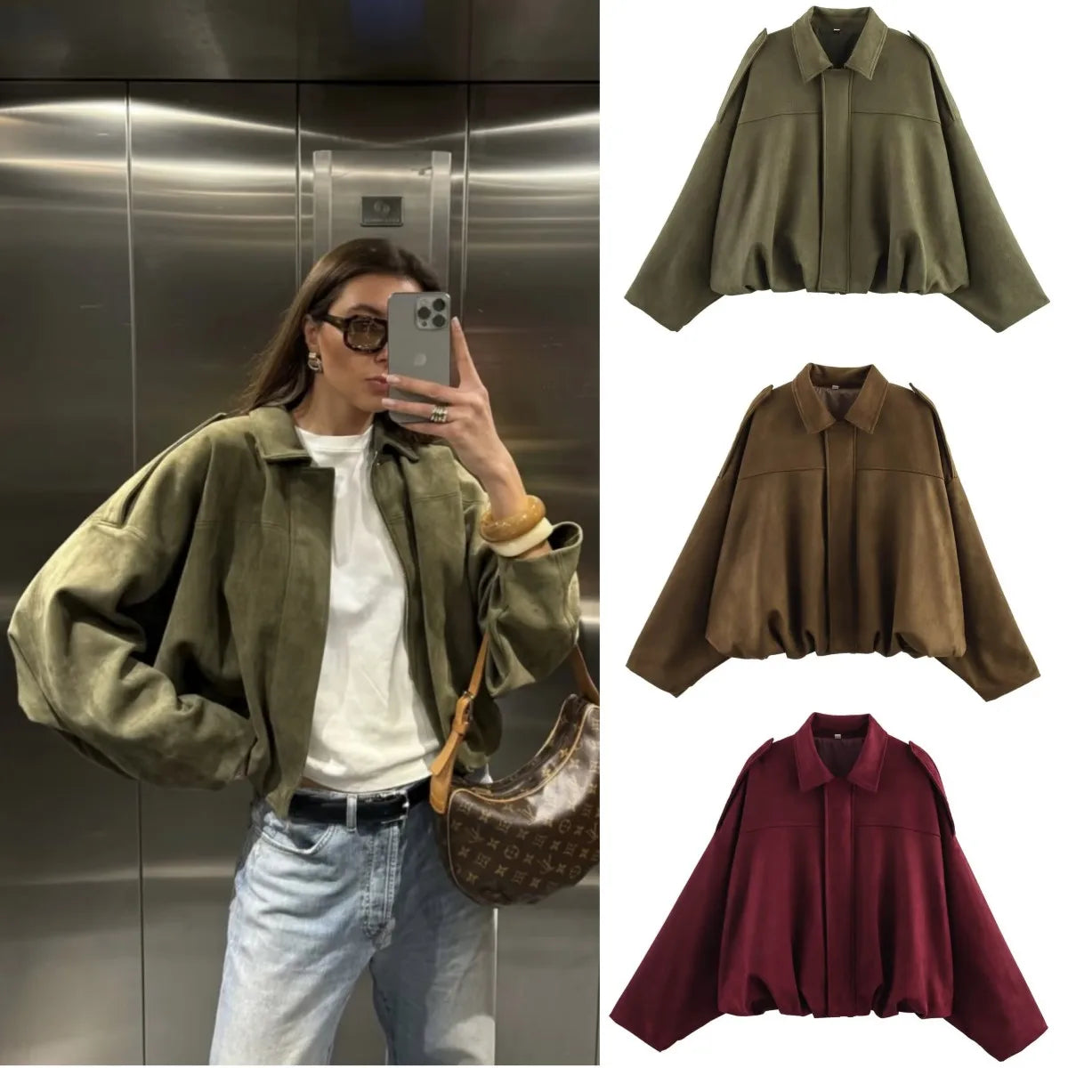 Women’s Suede Bomber Jacket – Loose Fit Lapel Spring 2025