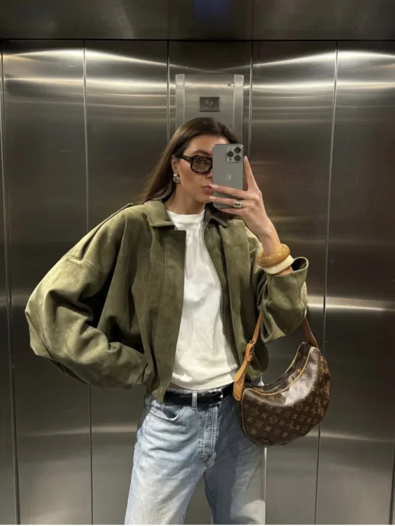 Women’s Suede Bomber Jacket – Loose Fit Lapel Spring 2025