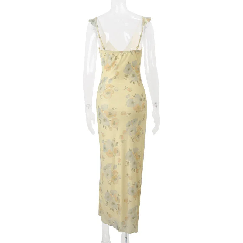 Women’s Floral Plunge Maxi Dress – Backless Summer Beachwear