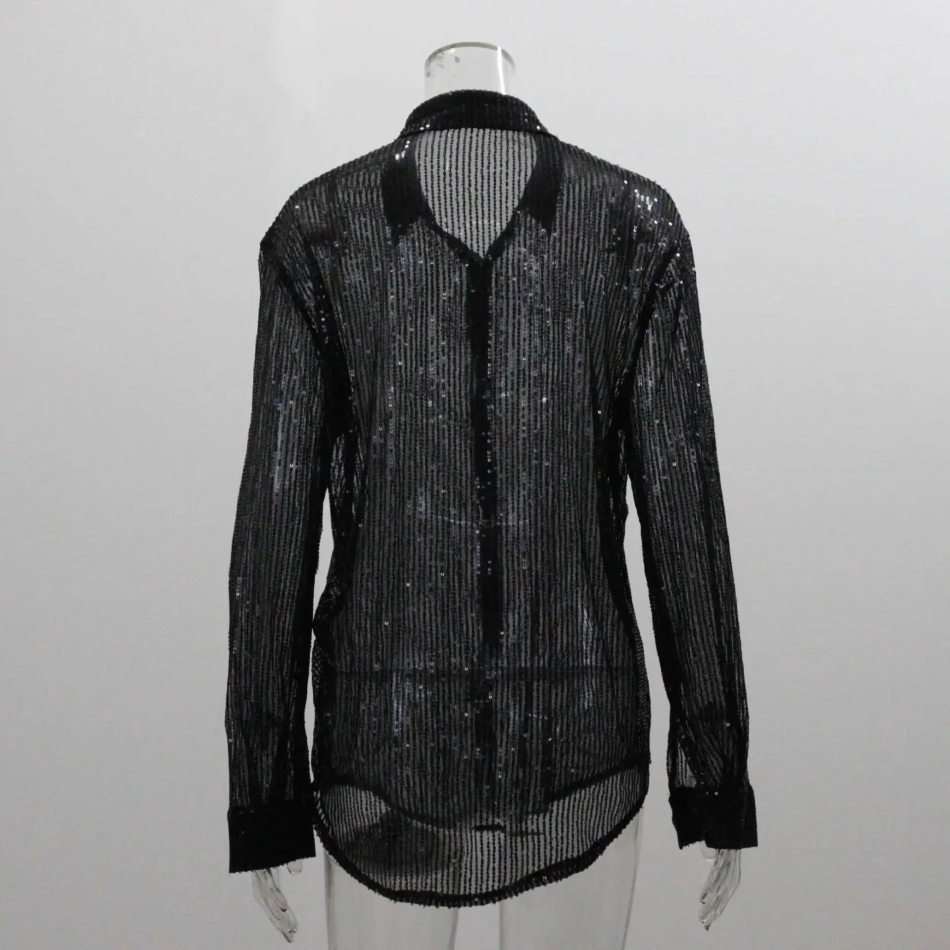 Women’s Sequin Blouse – Silver Glitter Long Sleeve Party Shirt