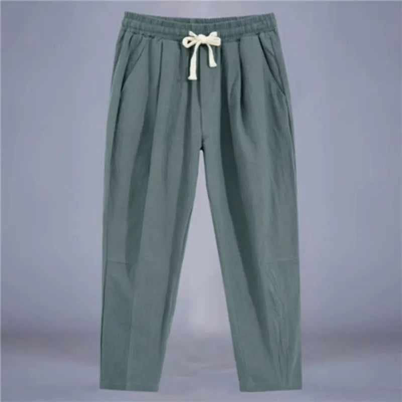 Men’s Cotton Linen Casual Pants, Breathable Straight-Leg Drawstring Trousers