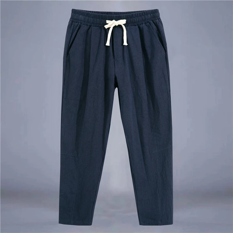 Men’s Cotton Linen Casual Pants, Breathable Straight-Leg Drawstring Trousers