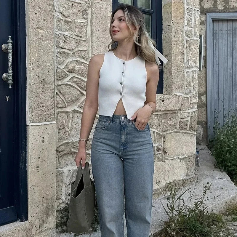 Women’s Knit Vest – Cropped Button-Up Streetwear Tops