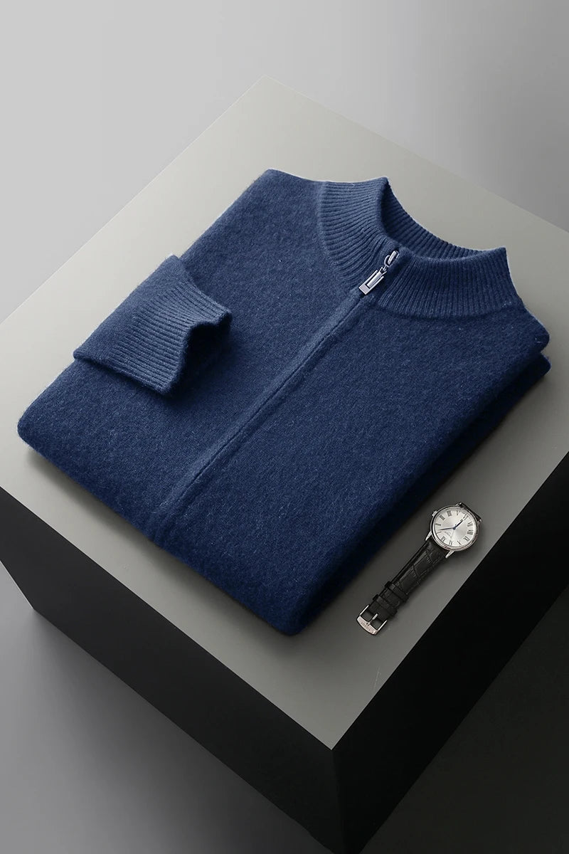 Men’s Merino Wool Sweater – Thick Zippered Mock Collar Cardigan