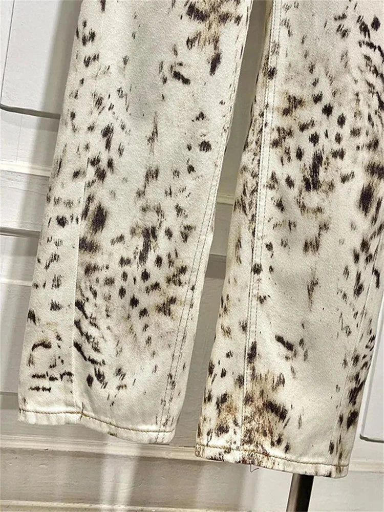 Women’s Leopard Print Jeans – High Waisted Wide Leg Denim