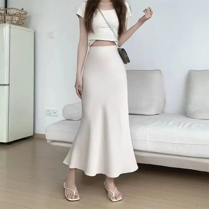 Women’s Black Satin Midi Skirt, High Waist Elegant Summer Office Wear