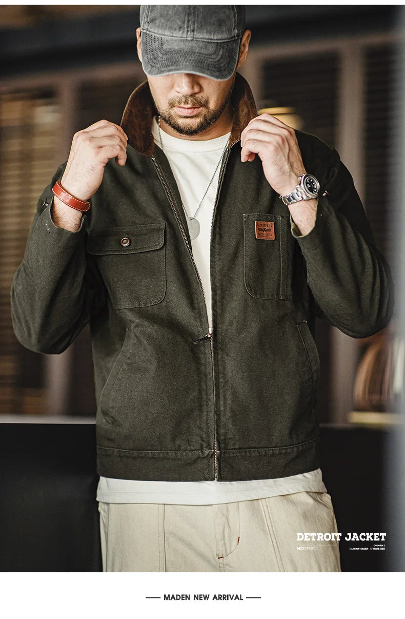 Men’s Retro Canvas Jacket – Heavyweight Detroit Zip-Up with Corduroy Collar