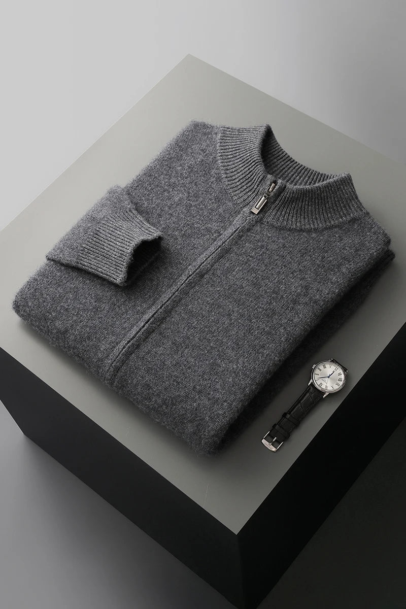 Men’s Merino Wool Sweater – Thick Zippered Mock Collar Cardigan