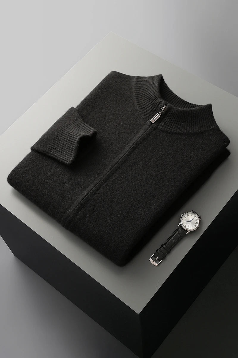 Men’s Merino Wool Sweater – Thick Zippered Mock Collar Cardigan