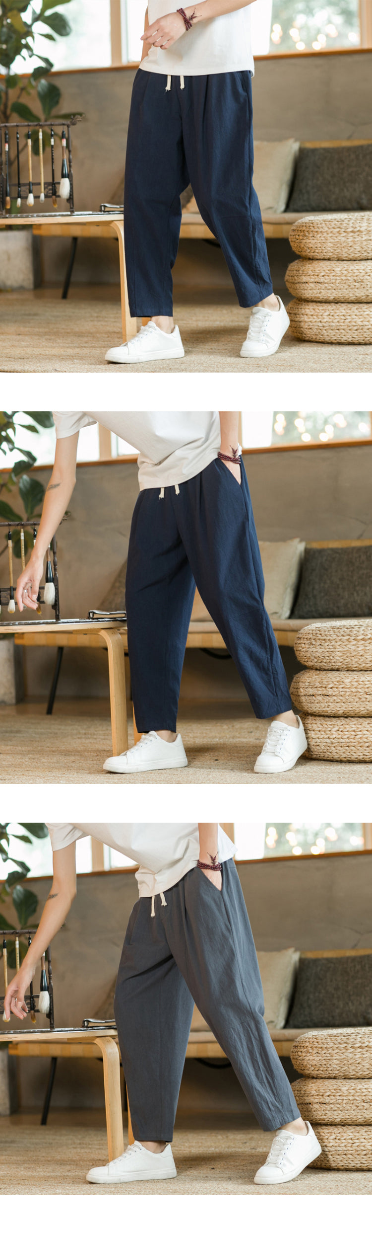 Men’s Cotton Linen Casual Pants, Breathable Straight-Leg Drawstring Trousers