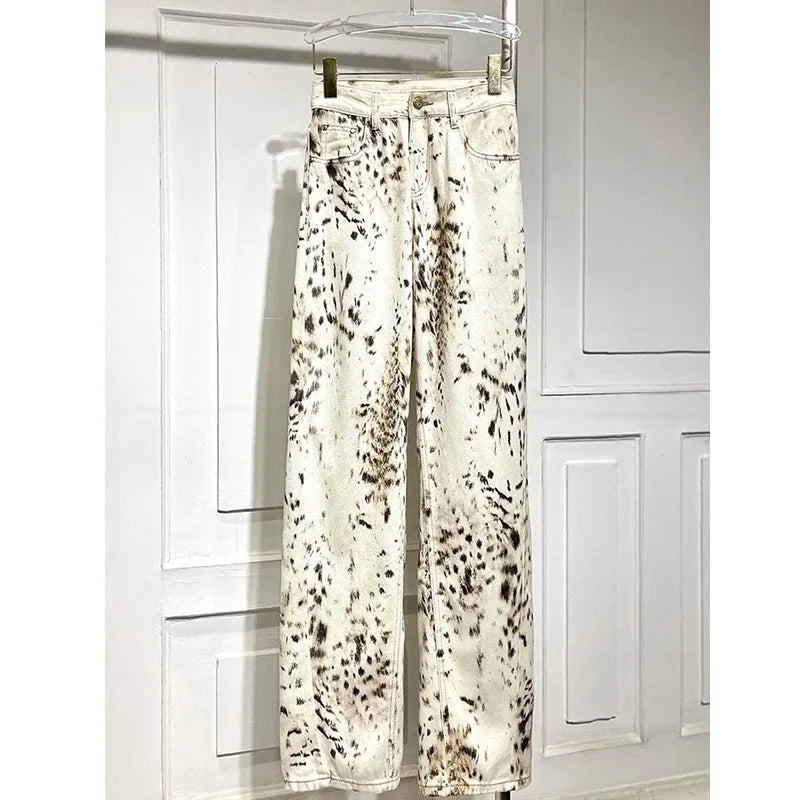 Women’s Leopard Print Jeans – High Waisted Wide Leg Denim