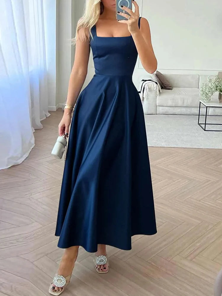 Women’s Satin Maxi Sundress – Square Neck Summer Party Dress