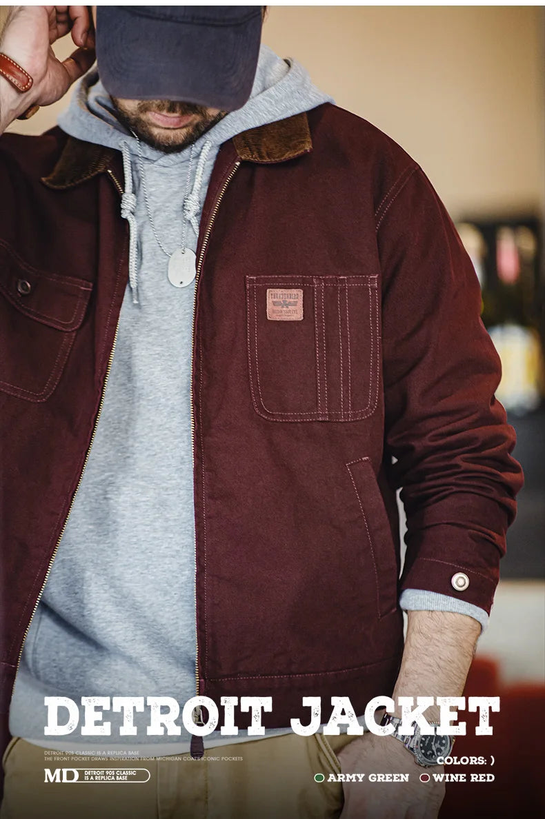 Men’s Retro Canvas Jacket – Heavyweight Detroit Zip-Up with Corduroy Collar