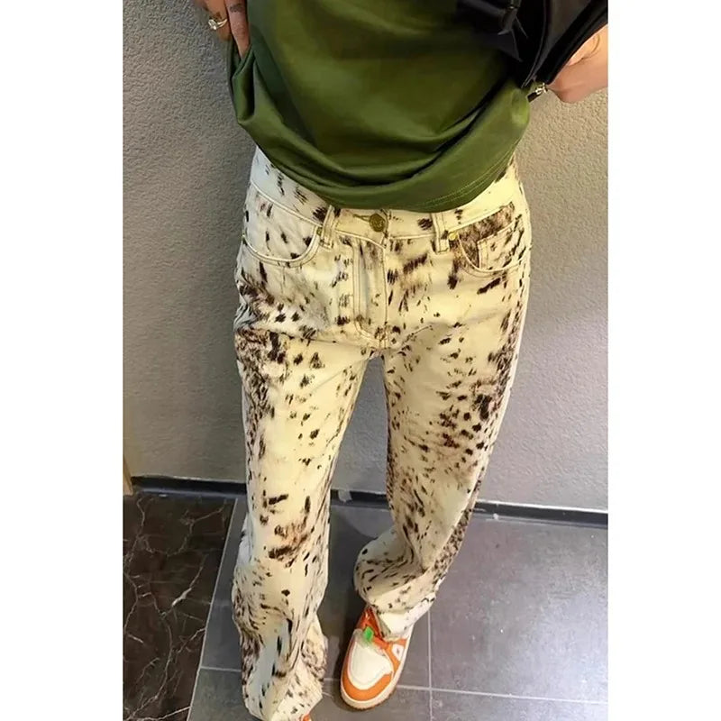 Women’s Leopard Print Jeans – High Waisted Wide Leg Denim