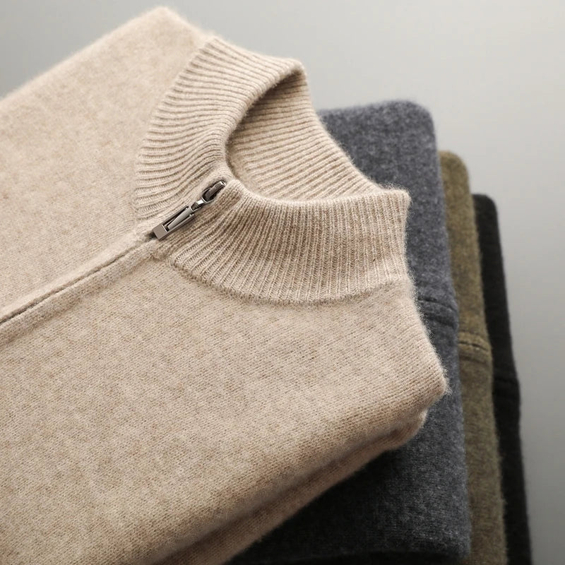 Men’s Merino Wool Sweater – Thick Zippered Mock Collar Cardigan