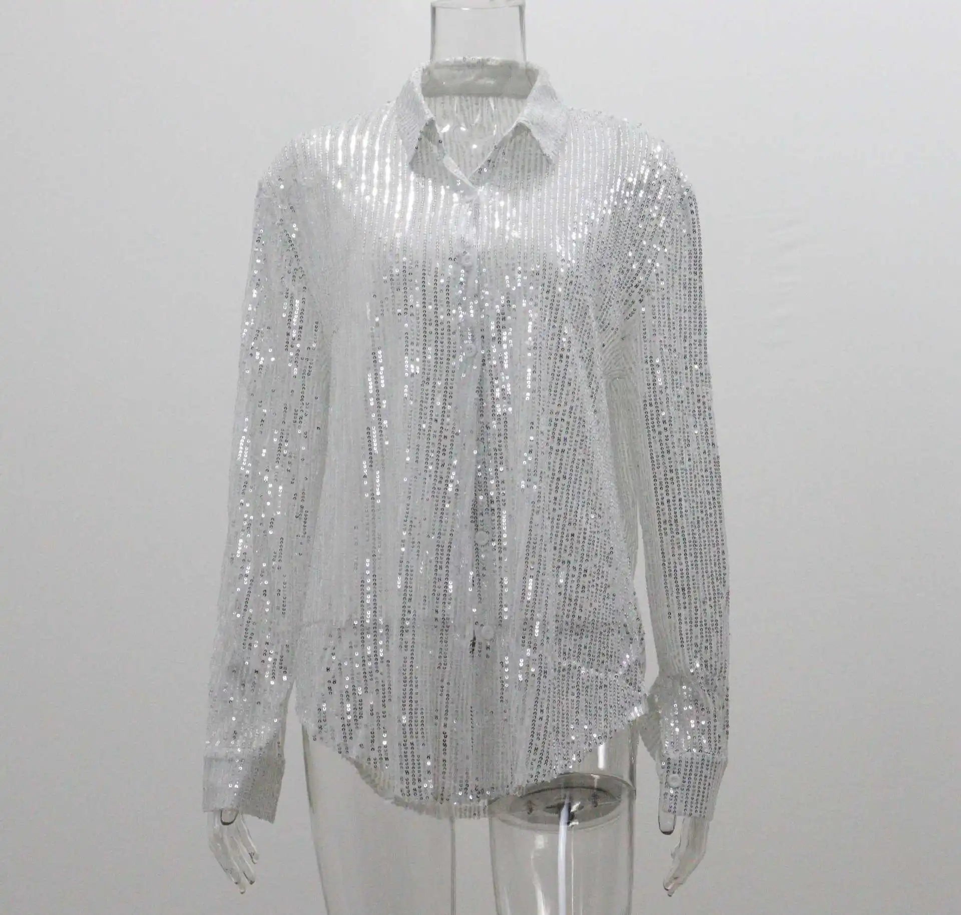 Women’s Sequin Blouse – Silver Glitter Long Sleeve Party Shirt