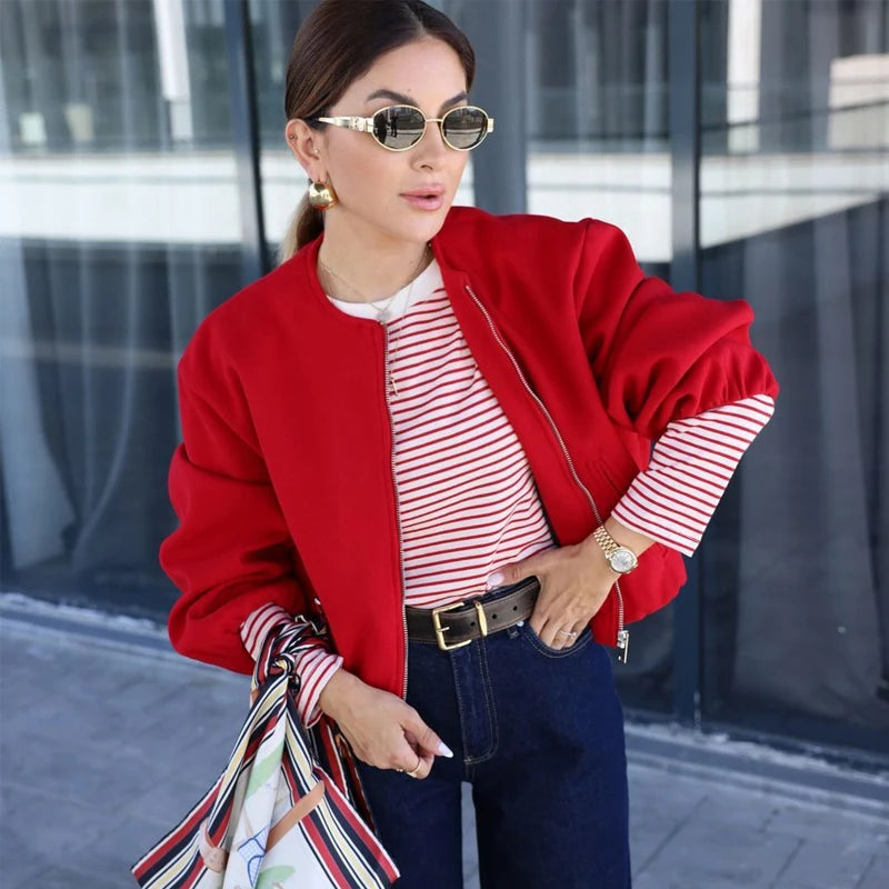 Women’s Red Bomber Jacket – Cropped Zipper Sports Outerwear 2025