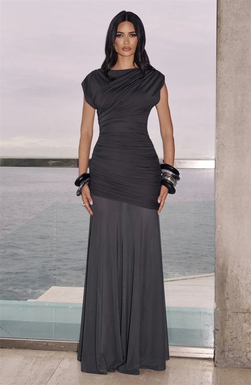 Women’s Sleeveless Maxi Dress – Elegant Mesh Patchwork Evening Gown