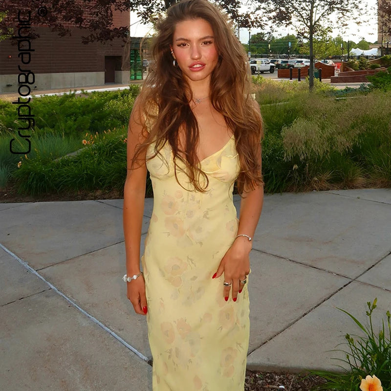 Women’s Floral Plunge Maxi Dress – Backless Summer Beachwear