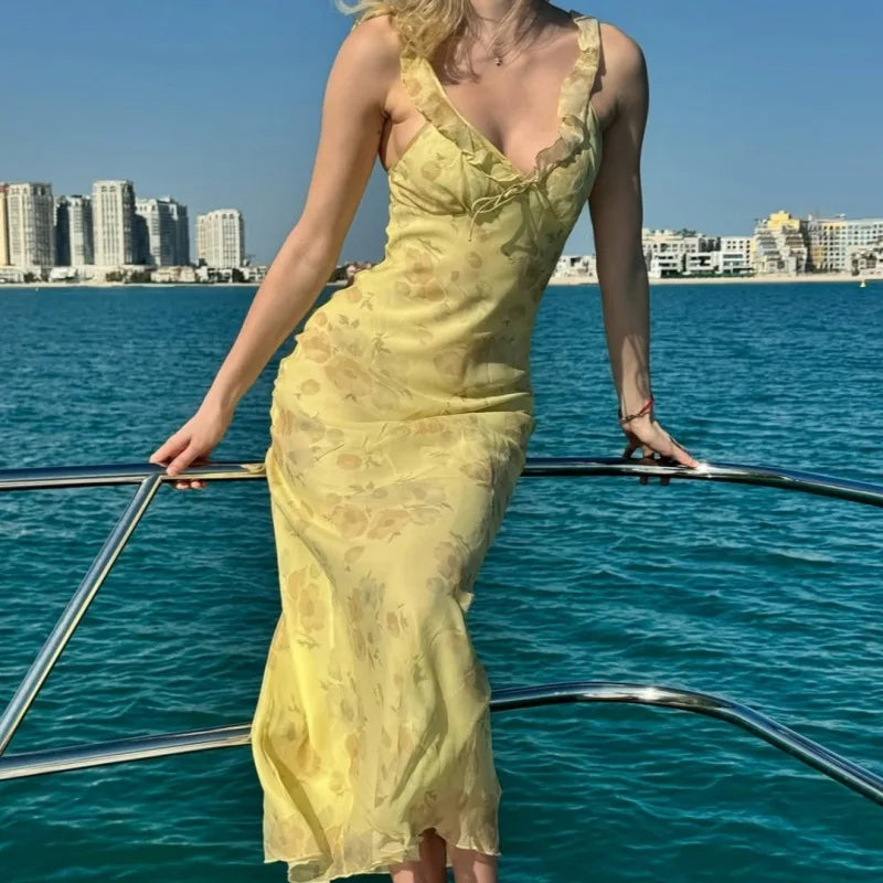 Women’s Floral Plunge Maxi Dress – Backless Summer Beachwear