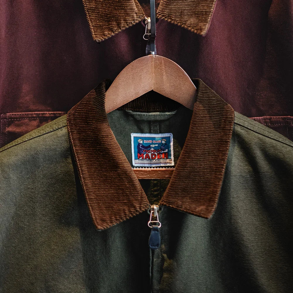 Men’s Retro Canvas Jacket – Heavyweight Detroit Zip-Up with Corduroy Collar