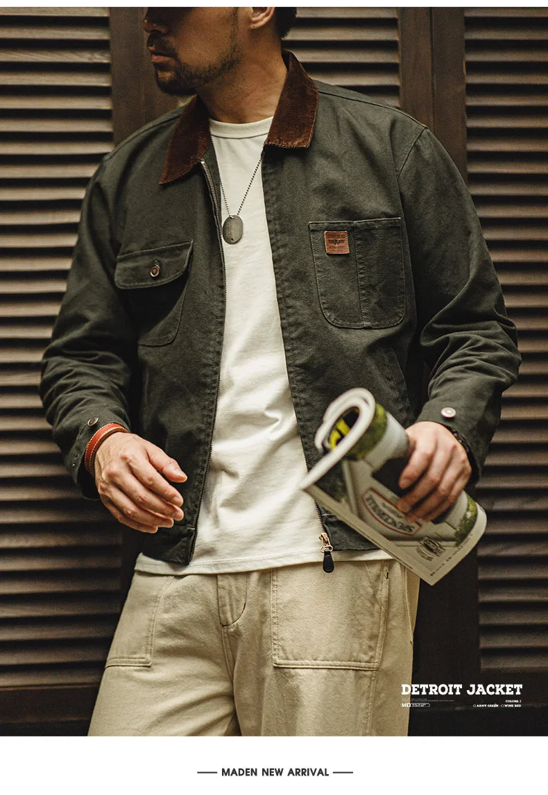 Men’s Retro Canvas Jacket – Heavyweight Detroit Zip-Up with Corduroy Collar