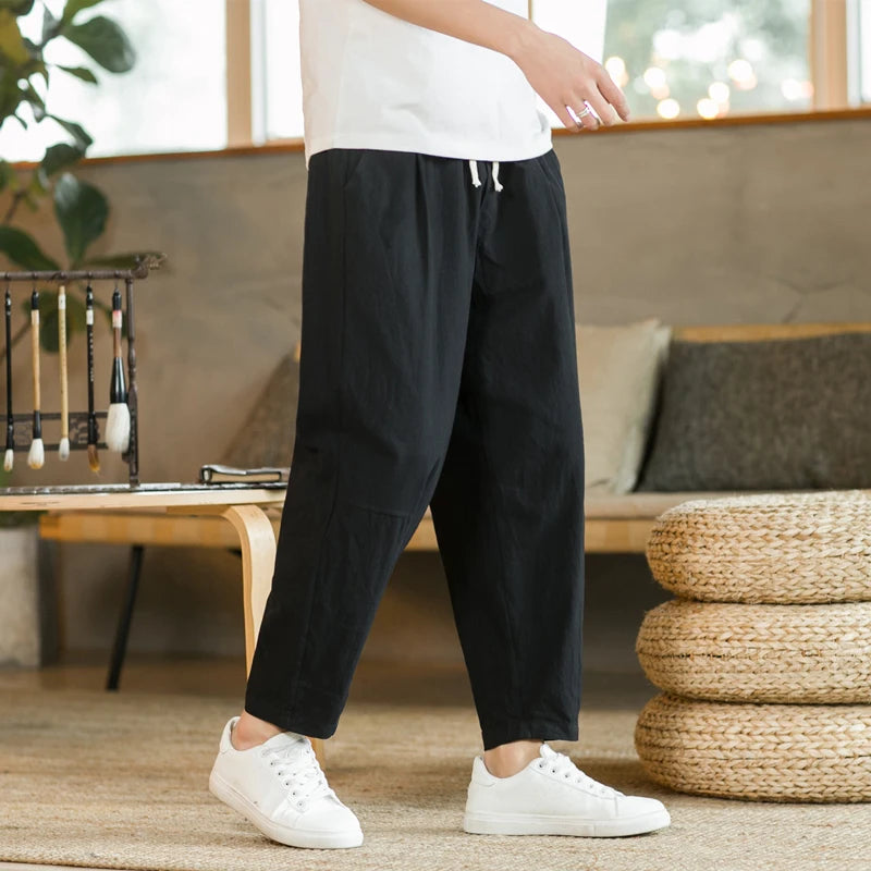 Men’s Cotton Linen Casual Pants, Breathable Straight-Leg Drawstring Trousers