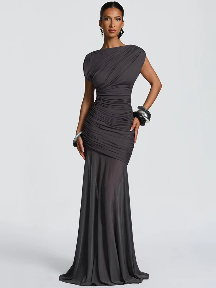 Women’s Sleeveless Maxi Dress – Elegant Mesh Patchwork Evening Gown