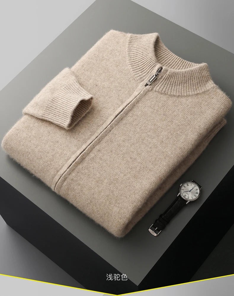 Men’s Merino Wool Sweater – Thick Zippered Mock Collar Cardigan