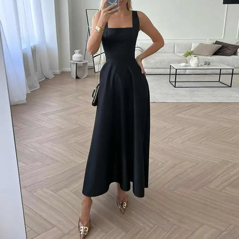 Women’s Satin Maxi Sundress – Square Neck Summer Party Dress