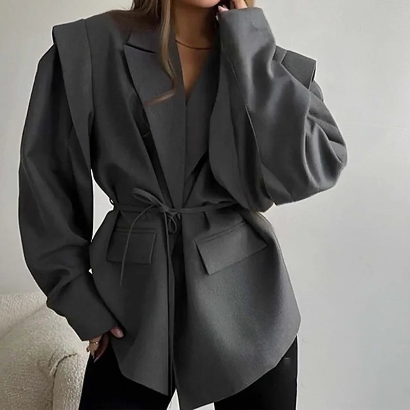 Women’s Lace-Up Blazer – Slim Fit Lapel Street Jacket