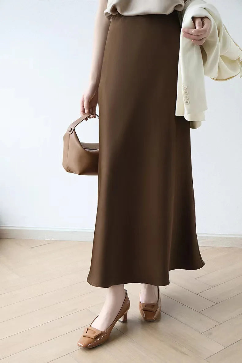 Women’s Black Satin Midi Skirt, High Waist Elegant Summer Office Wear