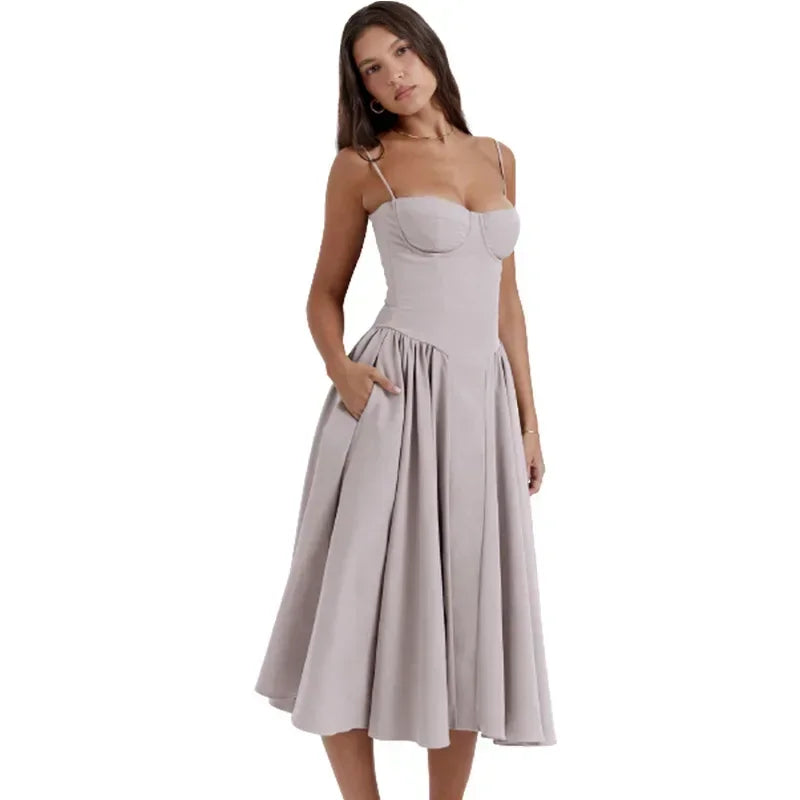 Women’s Summer Retro Long Dress, French Palace Style Suspender Skirt