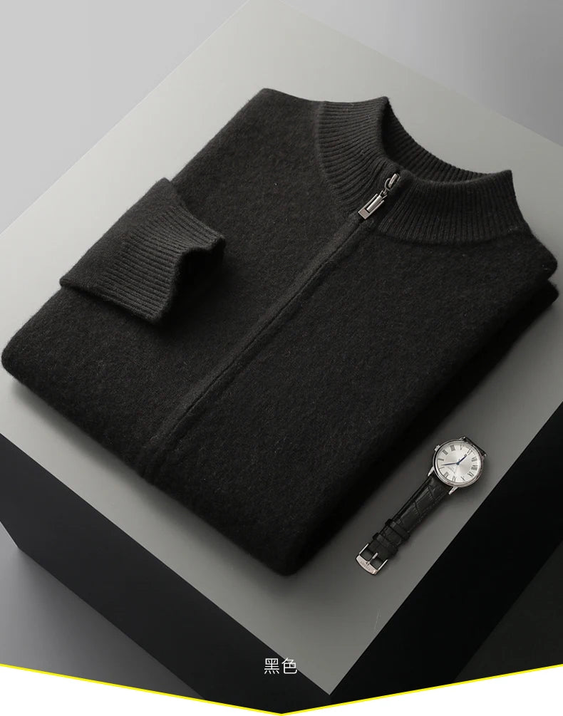 Men’s Merino Wool Sweater – Thick Zippered Mock Collar Cardigan