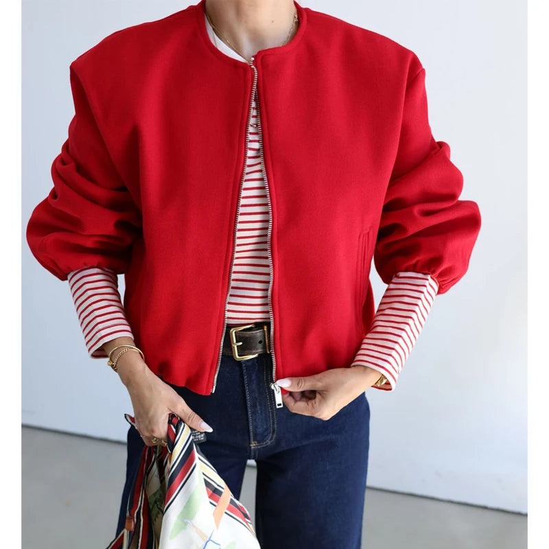 Women’s Red Bomber Jacket – Cropped Zipper Sports Outerwear 2025