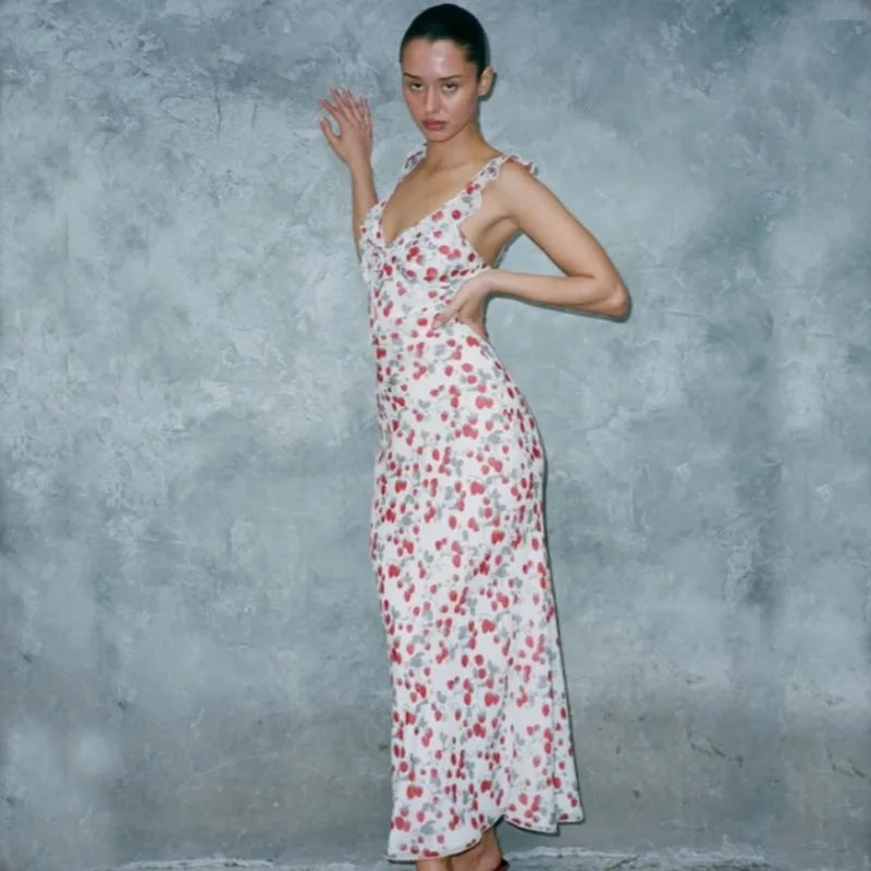 Women’s Floral Plunge Maxi Dress – Backless Summer Beachwear