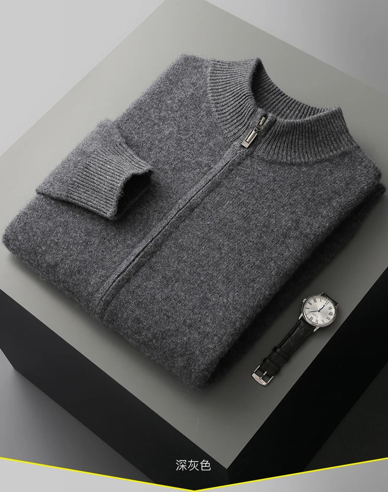 Men’s Merino Wool Sweater – Thick Zippered Mock Collar Cardigan