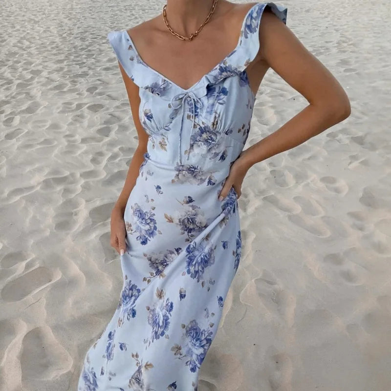 Women’s Floral Plunge Maxi Dress – Backless Summer Beachwear