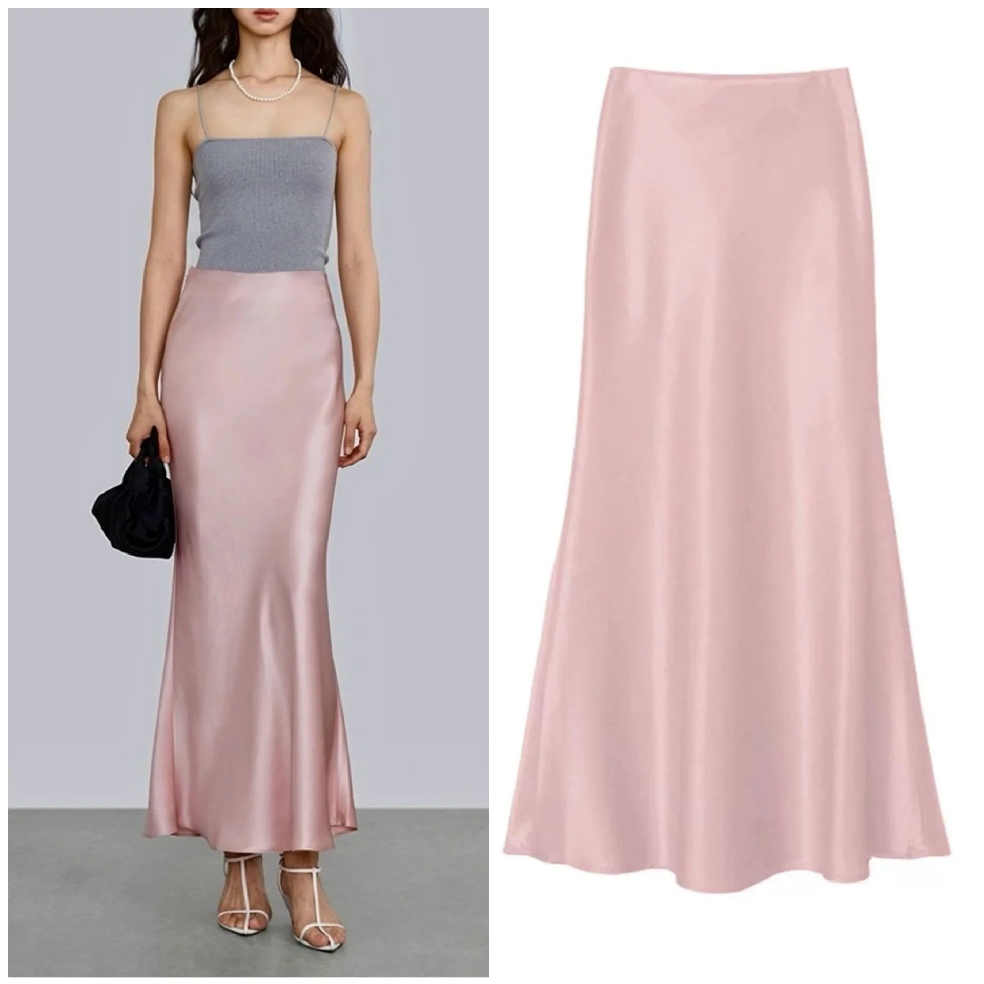 Women’s Black Satin Midi Skirt, High Waist Elegant Summer Office Wear
